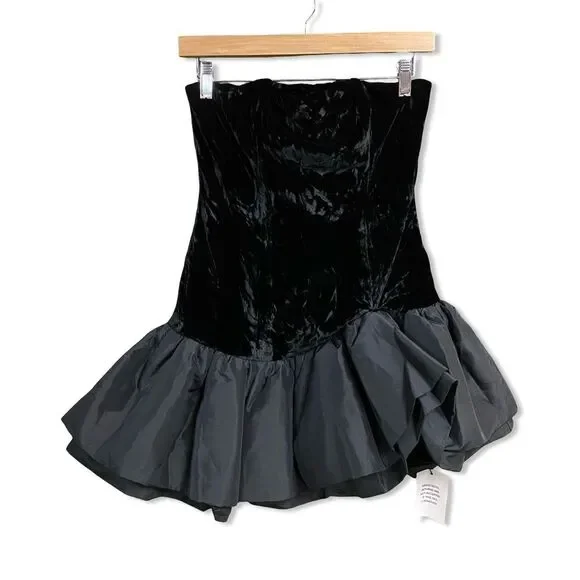 NBD Ella Strapless Ruffle Dress Black velvet taffeta party Revolve S